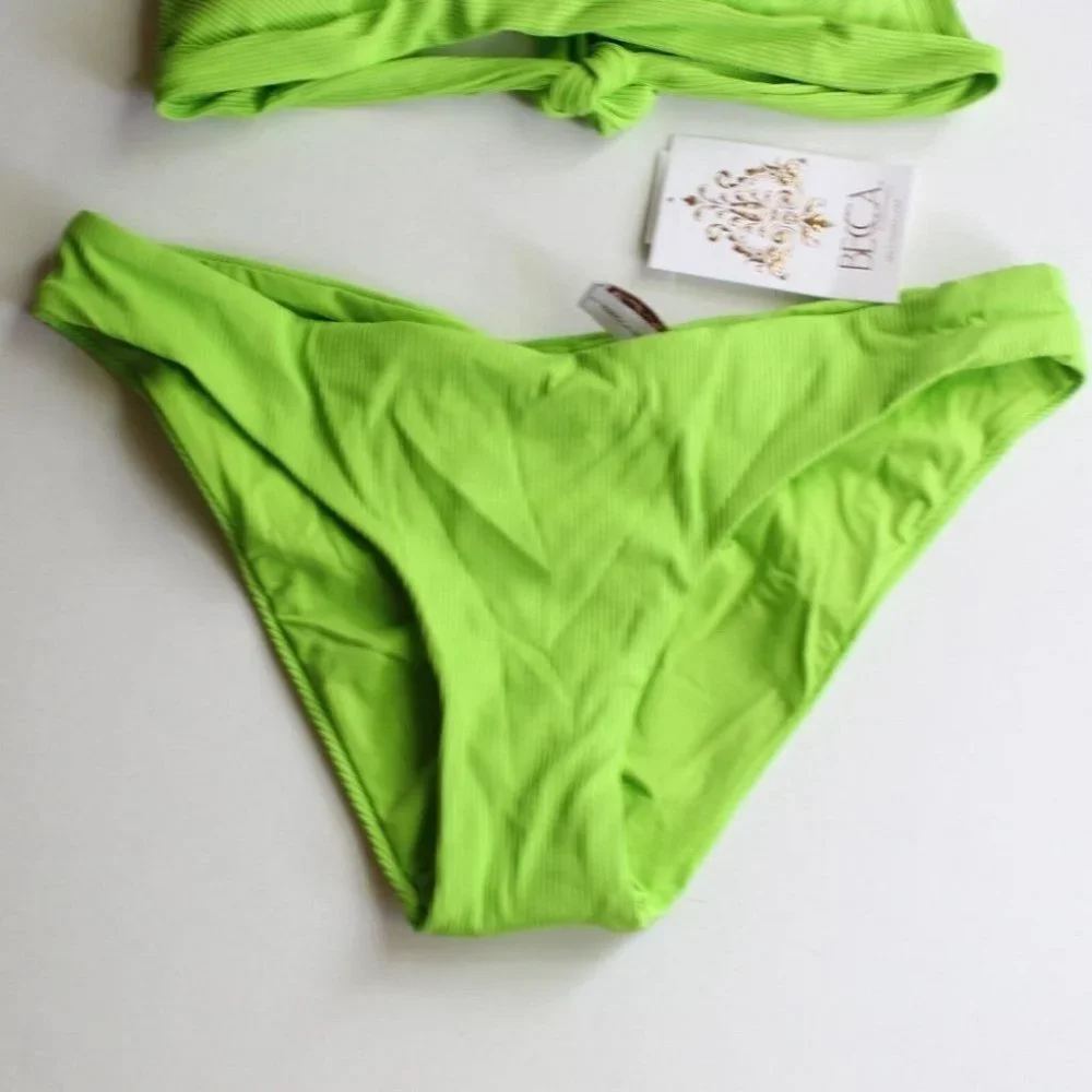 Becca by Rebecca Fine Line Ribbed Halter Bikini Top AND Bottoms Kiwi NEW Medium_3